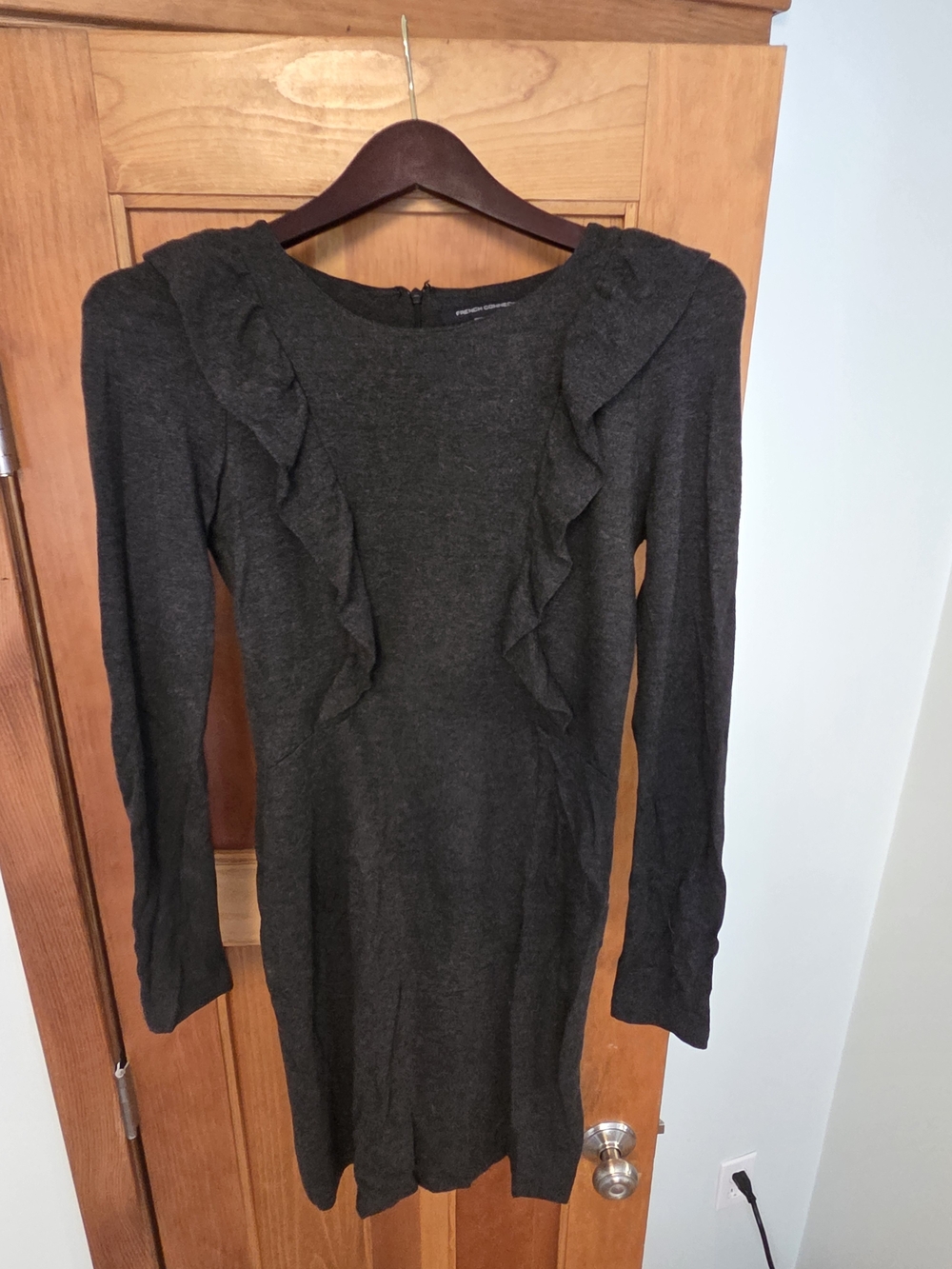 French Connection Dark Gray Ruffle-Front Long Sleeve Dress